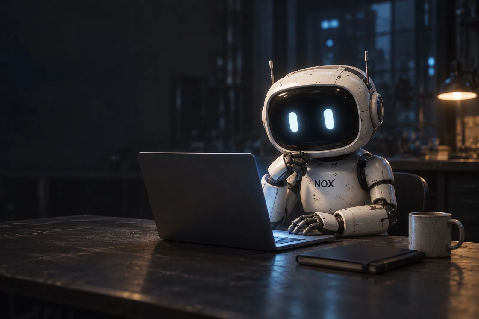 NOX за ноутбуком в старой мастерской.
